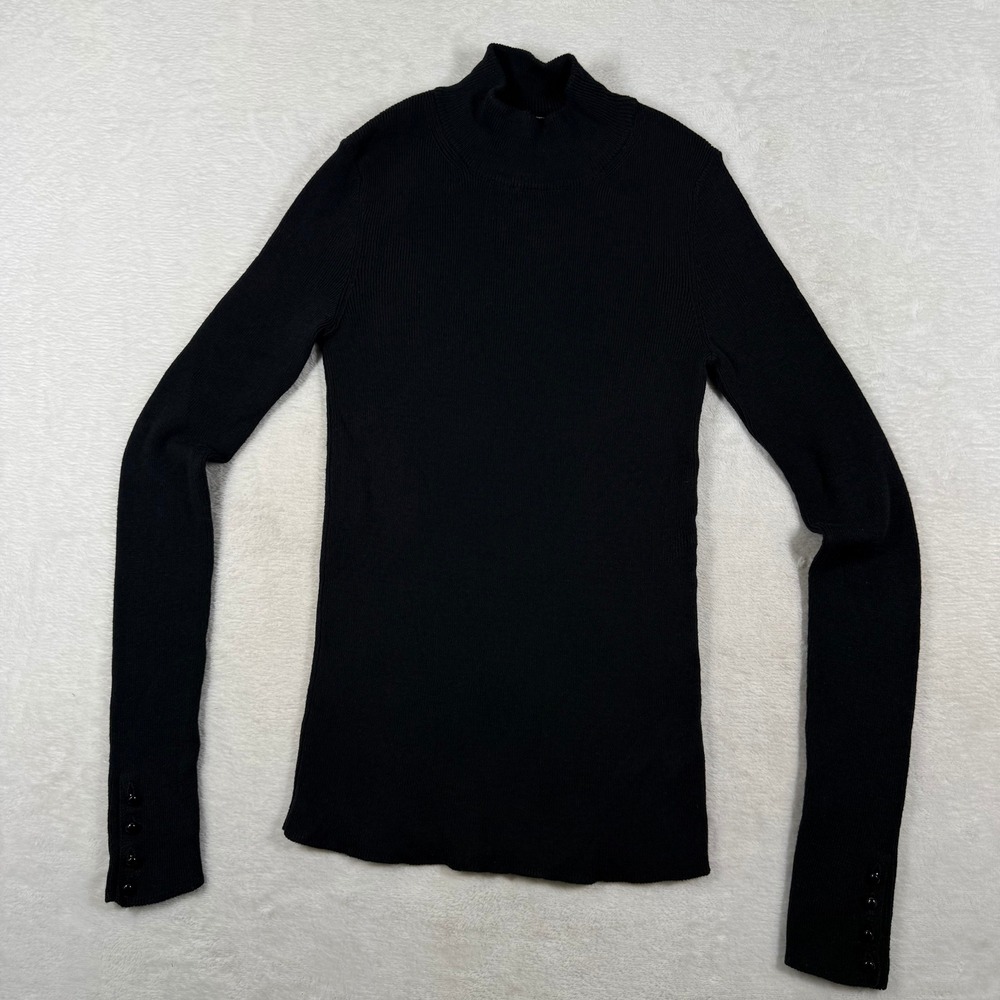 Sezane La Maille Black Ribbed Mock Neck Wool Cotton Sweater Button Cuff XS